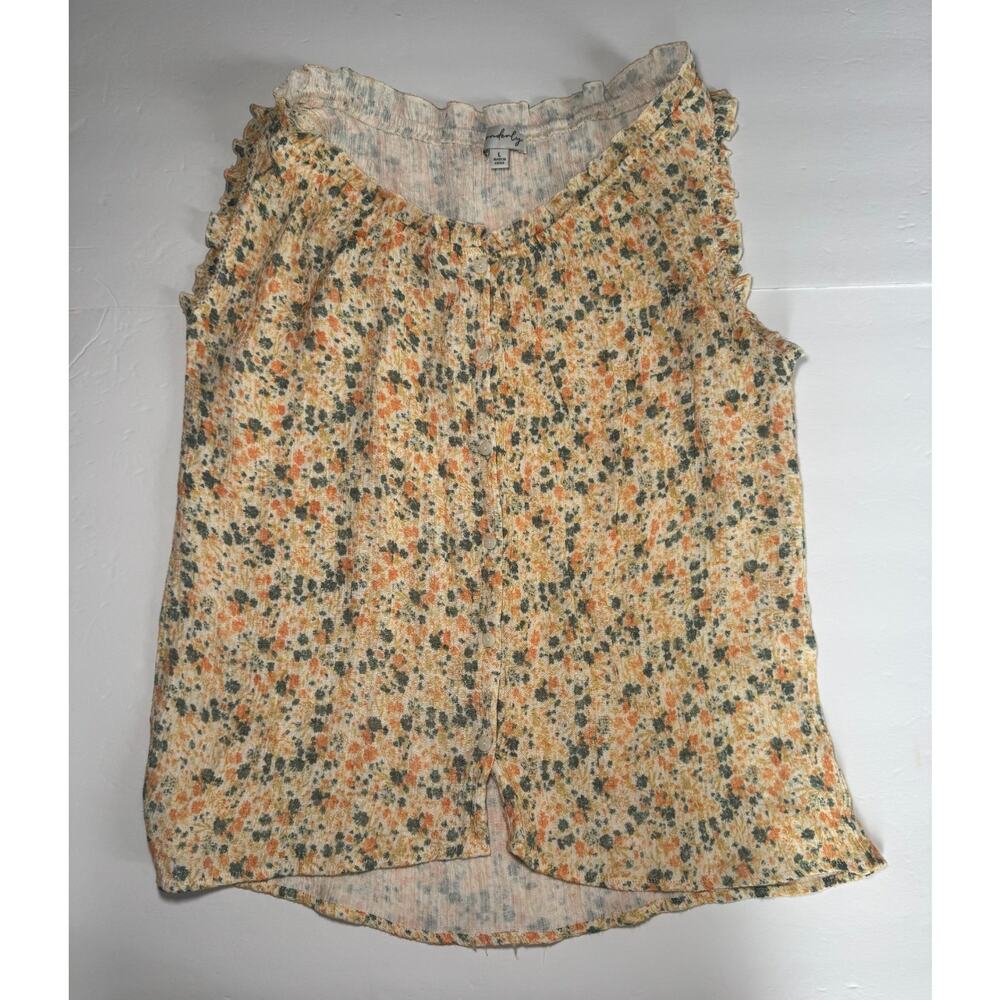 Wanderly Womens Large Floral Sleeveless Blouse Ruffle Button Front Boho Top